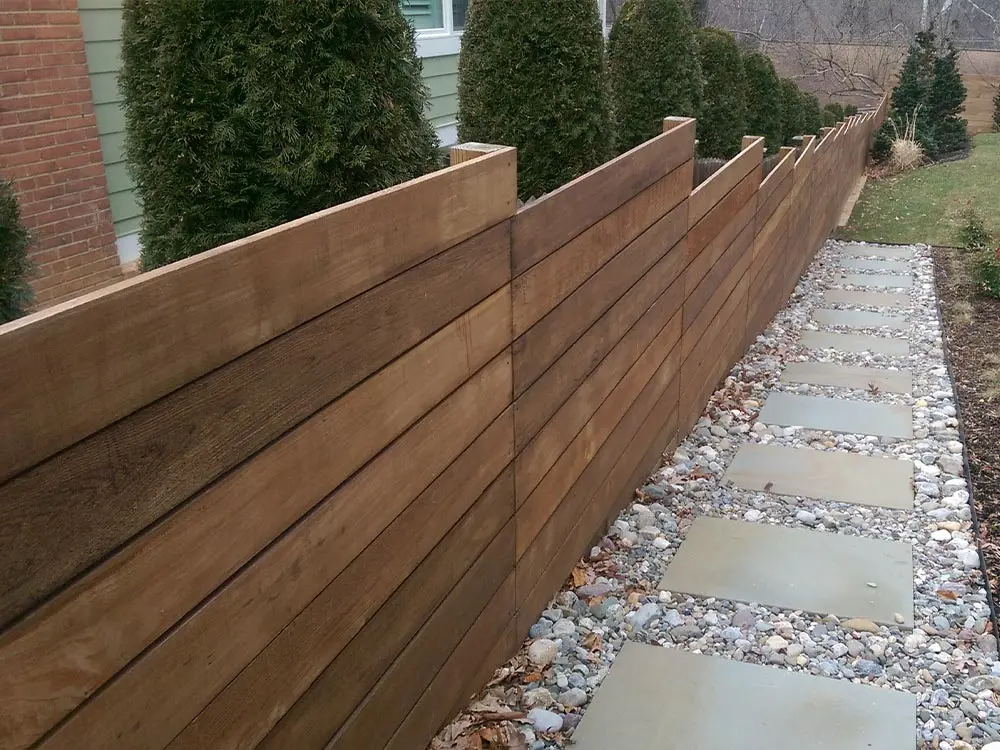 Stepped Installation of Cedar Fence along stone walking path